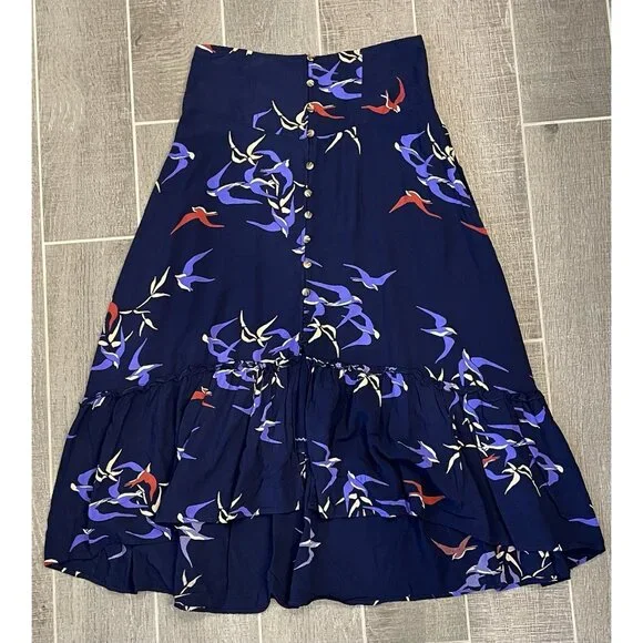 Anthropologie Maeve Women’s Midi Skirt Size 4 Merida Birds Graphic Flounced Blue - Picture 10 of 16